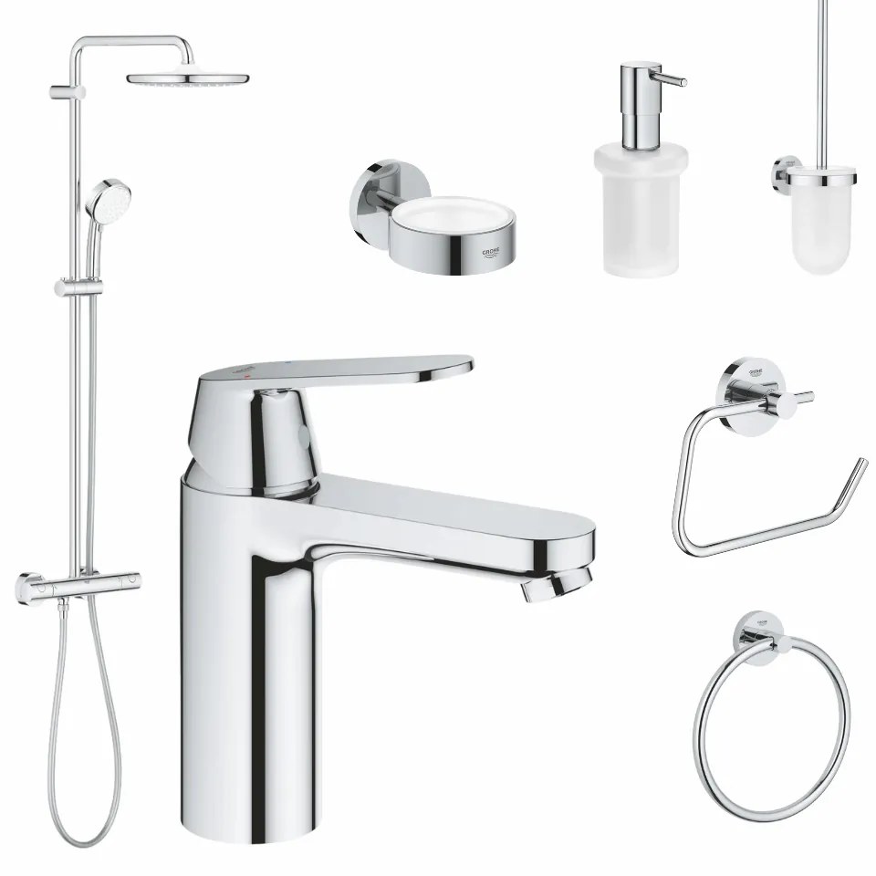 Set coloana dus si baterie lavoar Grohe Cosmopolitan cu accesorii baie Grohe Essentials, crom