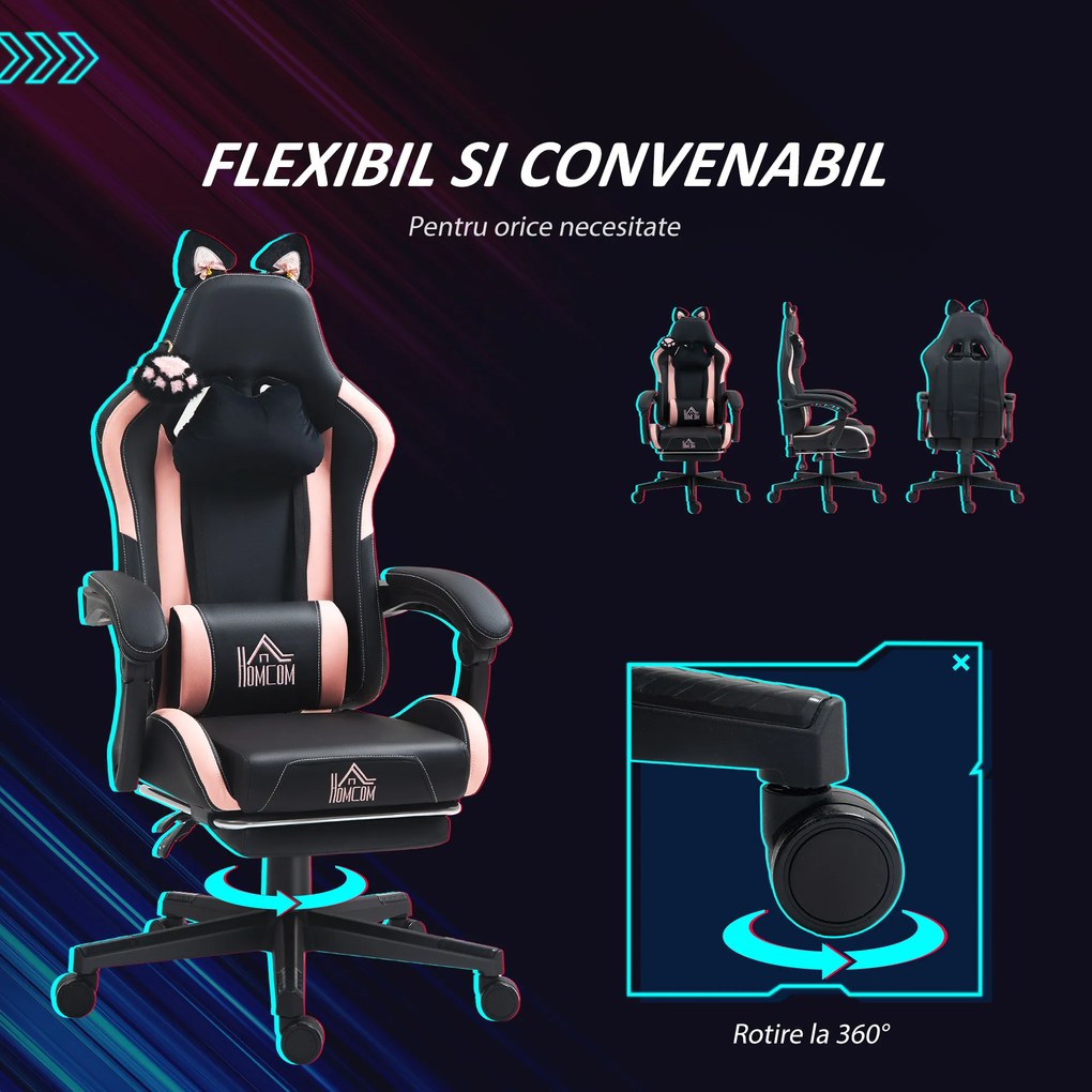 HOMCOM Scaun Gaming Ergonomic cu Urechi de Pisica, Roz | Aosom Romania