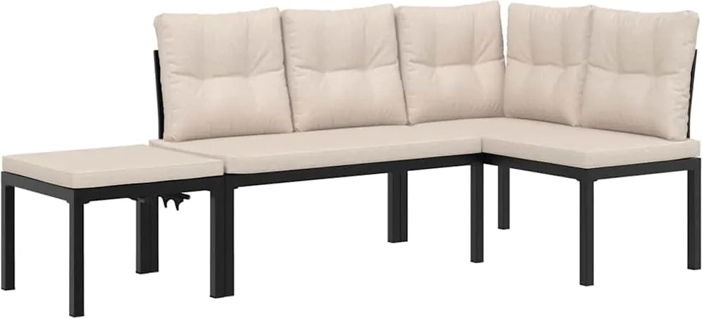 vidaXL Bănci grădină cu perne, 3 buc., negru oțel vopsit electrostatic