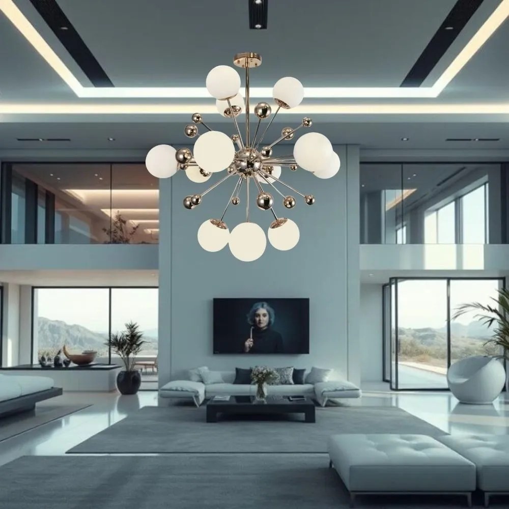 Lustră LED 770×H780 mm, 12 becuri E27, structură aurie grandioasă