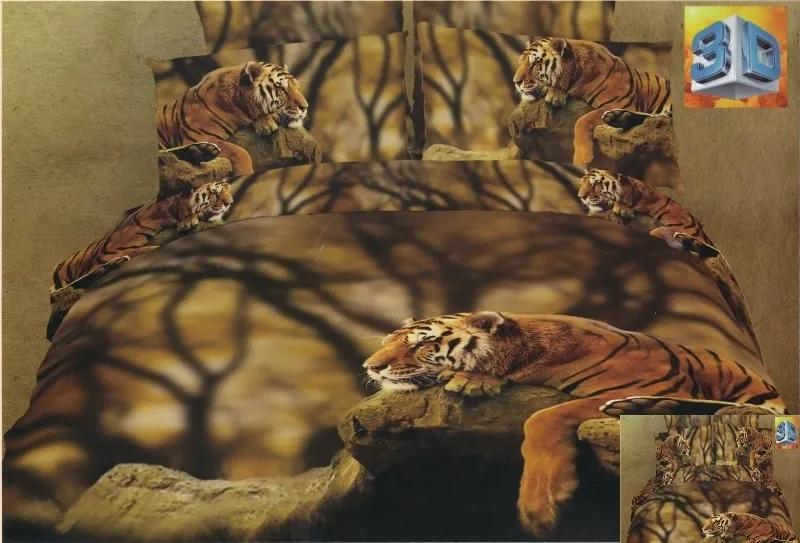 Lenjerie de pat culoarea verde-maro cu model 3D tigru culcat 6 părți: 1buc 160cmx200 + 2buc 70x80 + 2buc 40x40 + cearșaf de pat