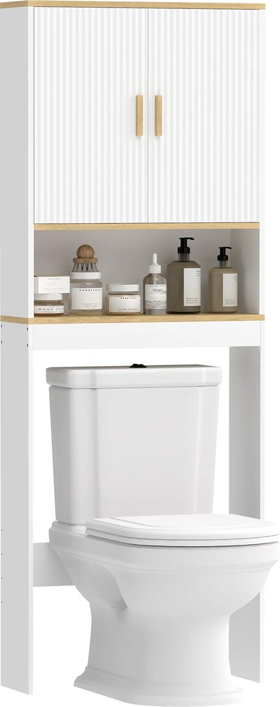 HOMCOM Etajeră pentru Baie deasupra WC-ului de 3 Niveluri cu Raft Deschis 2 Uși și Raft Reglabil 64x20x170,5 cm Alb | Aosom Romania