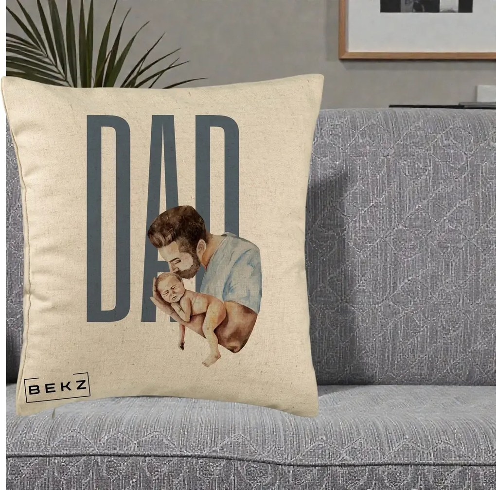 Cadou pentru Tata - Perna Personalizata DAD Tata si Nou-Nascut, 40x40 cm, Bej, Husa Detasabila, Perna Inclusa, BEKZ®