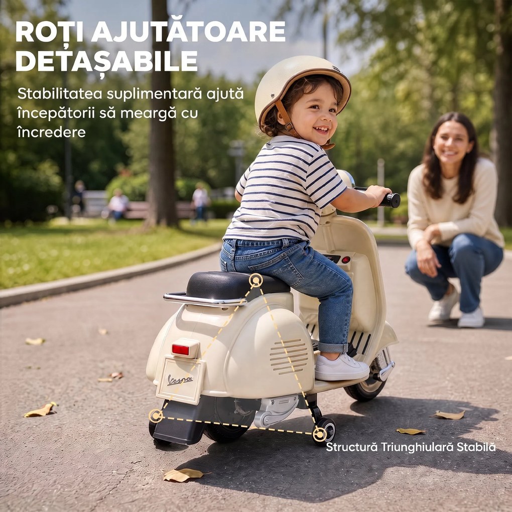 AIYAPLAY Motocicletă Electrică pentru Copii 3+ Ani, Licență VESPA, 6V, cu Roți Ajutătoare Detașabile, Max. 30 kg, Alb | Aosom Romania