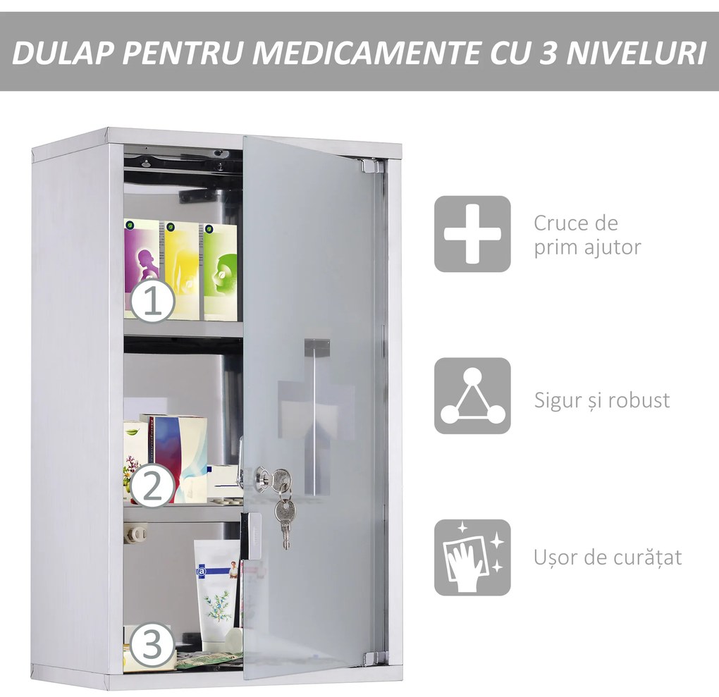 HOMCOM Dulap pentru Medicamente, din Inox, Ușor de Curățat, 50x30x18 cm, Argintiu | Aosom Romania