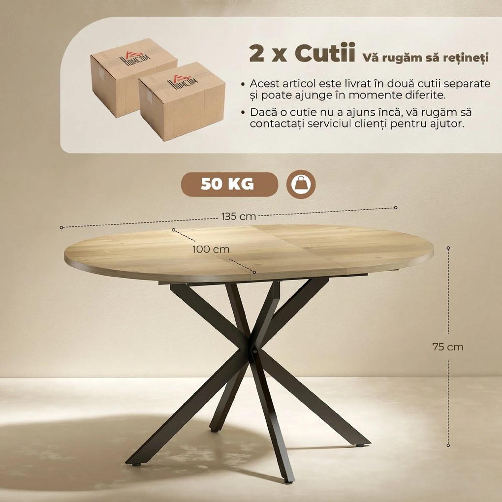 HOMCOM Extendable Dining Table for 4-6, 100-135 cm Industrial Kitchen Table with Butterfly Leaf and X-Shape Base, Round to Oval for Dining Room, Living Room, Natural Wood Finish | Aosom Romania