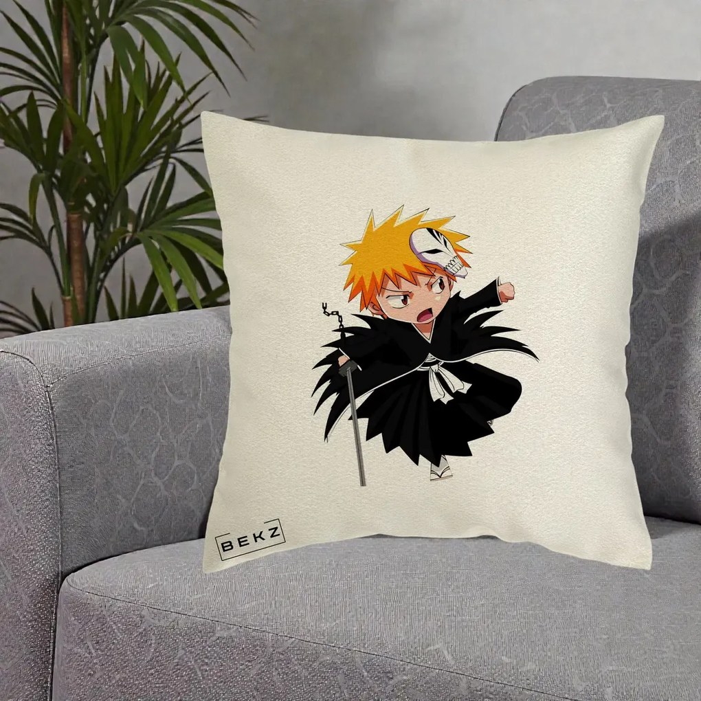Perna Personalizata Bleach Ichigo Chibi cu Masca, 40x40 cm, Ecru, Husa Detasabila, Perna Inclusa, BEKZ®