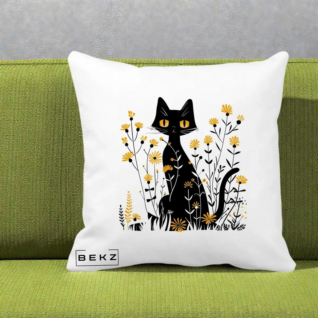 Perna Decorativa Pisica Neagra Ochi Galbeni Flori Galbene, 40x40 cm, Alba Mata, Husa Detasabila, Perna Inclusa, BEKZ®