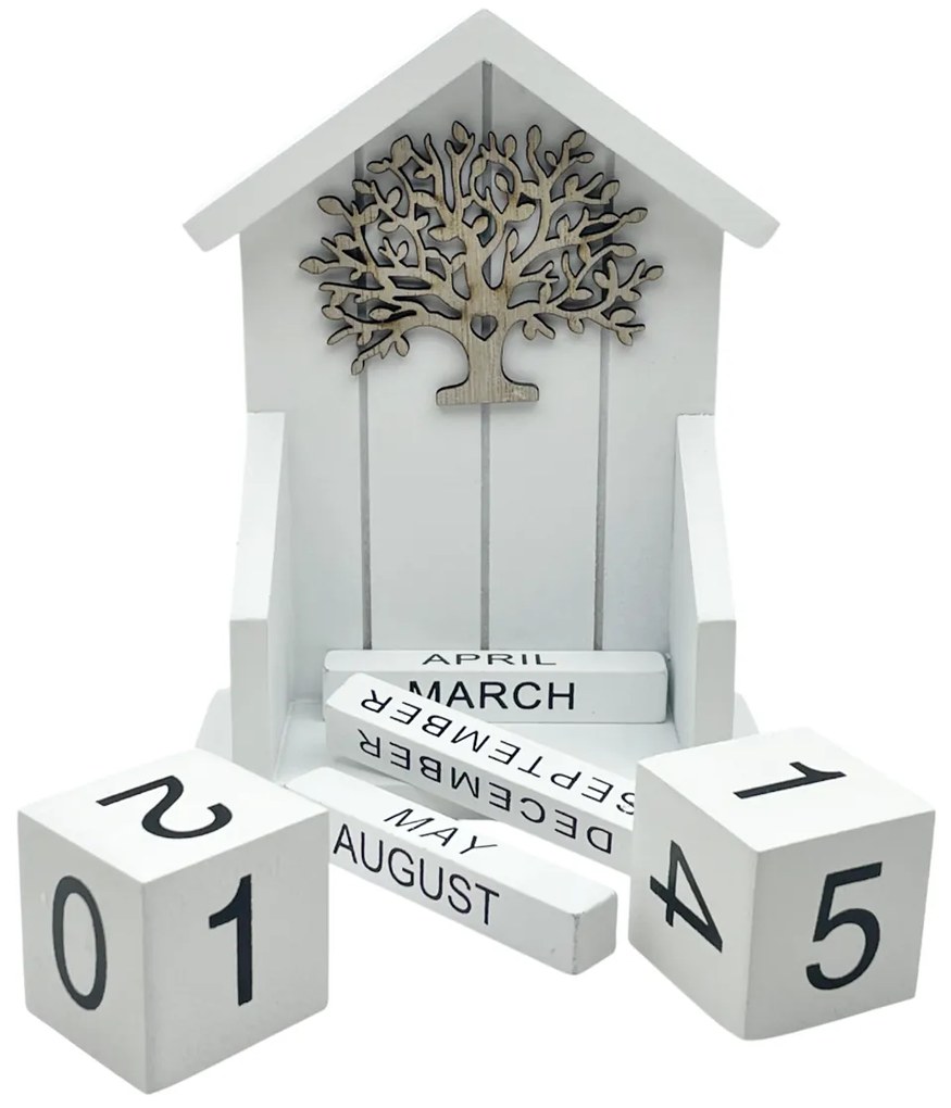 Calendar din lemn TREE OF LIFE, Alb, 12x5x16cm