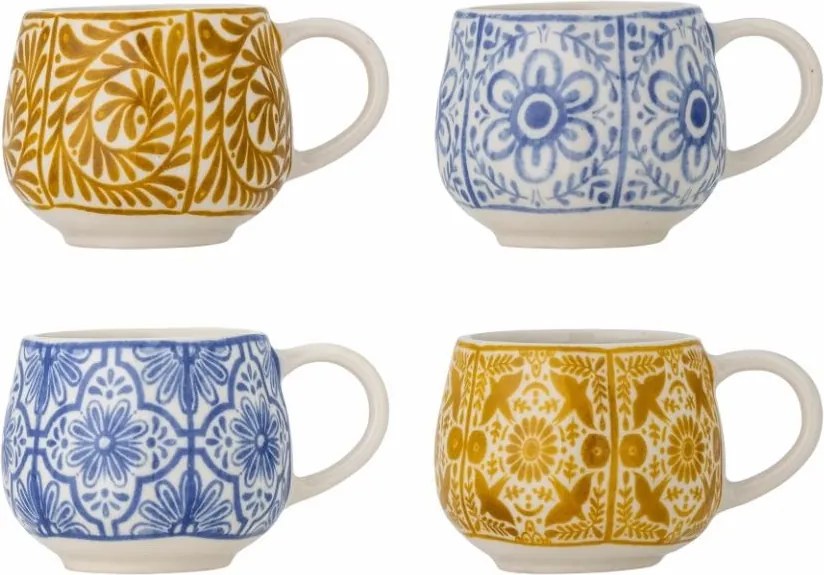 Set 4 cești espresso din ceramică, multicolor, două în nuanțe de albastru și două în tonuri de galben, fiecare cu model propriu, 5,5 x 7 cm, „Milton”