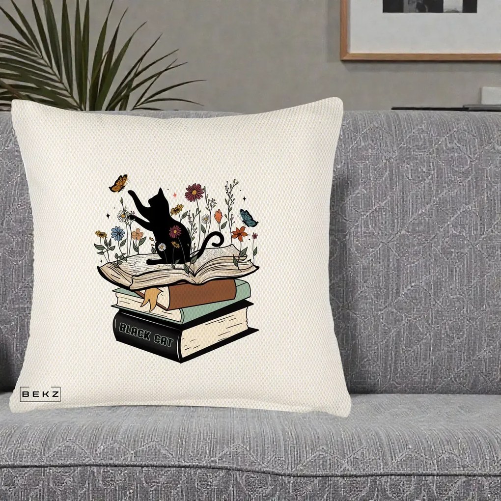 Perna Personalizata Pisica Neagra Carti Flori Fluturi, 40x40 cm, Crem Reliefat, Husa Detasabila, Perna Inclusa, BEKZ®