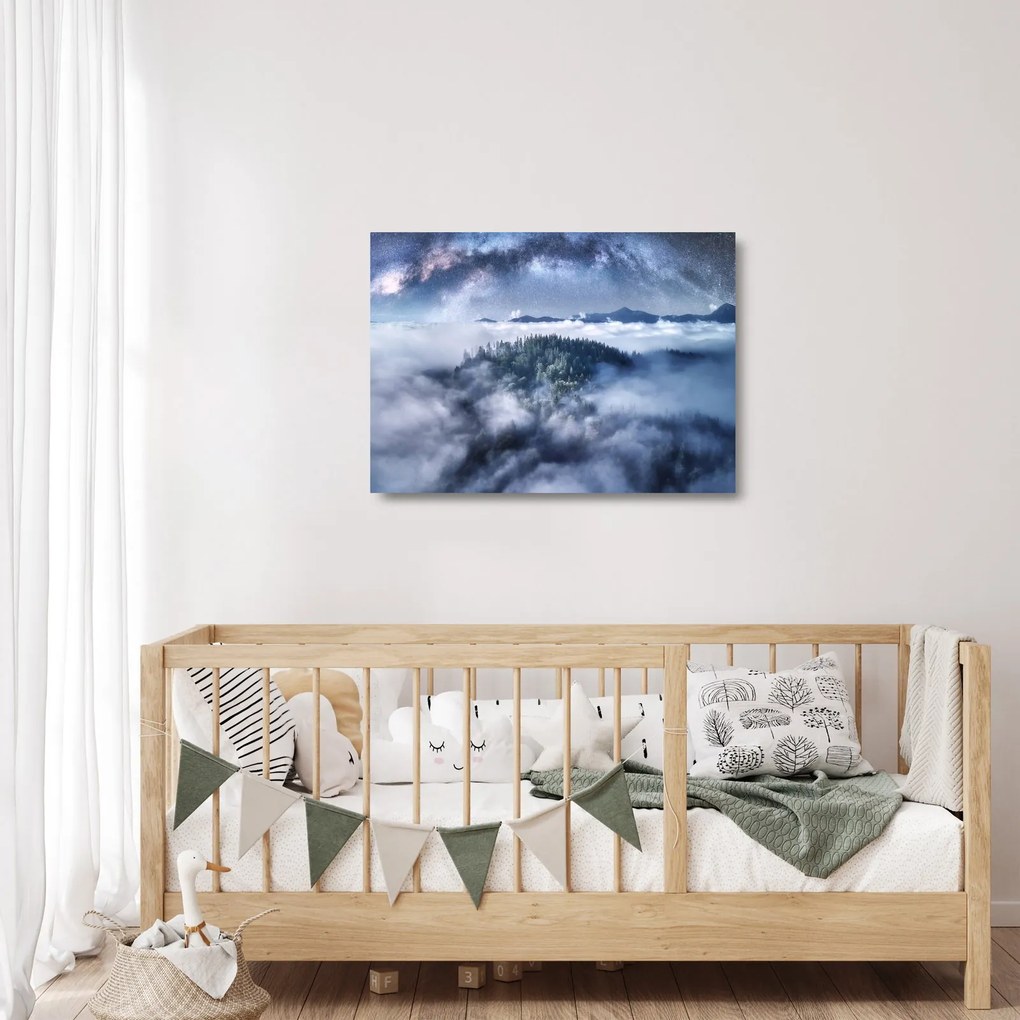 Tablou pe sticlă pădurii în ceață (70x50 cm)