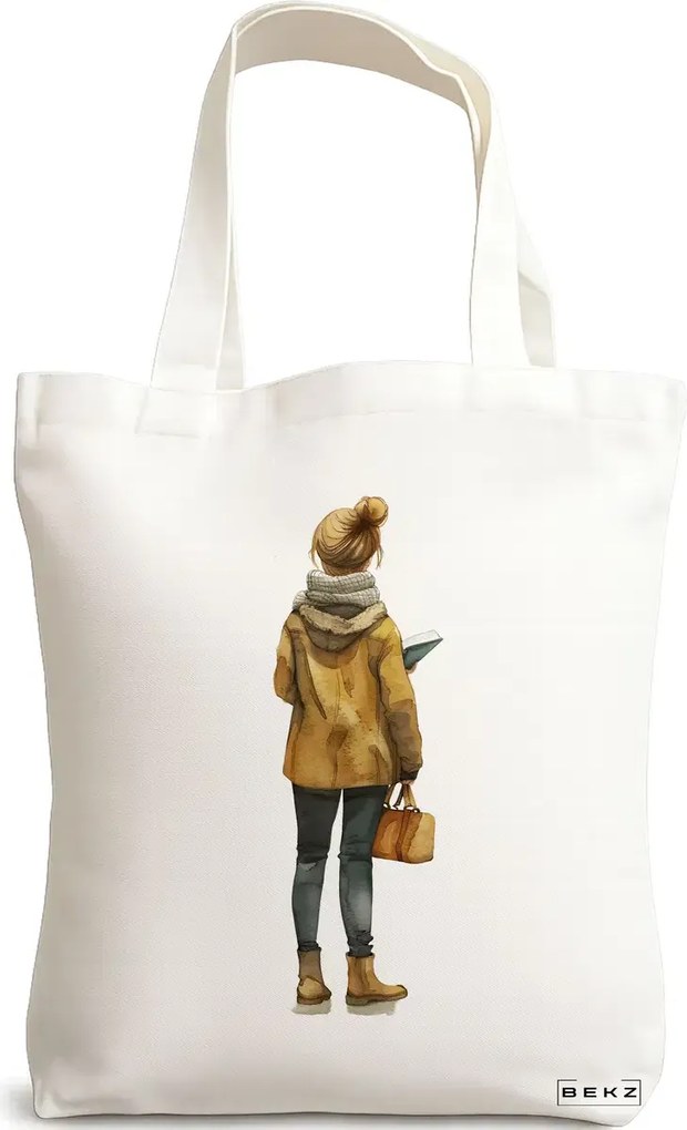 Sacosa de Panza pentru Cumparaturi, Geanta Tote, model The bookie girl 23 38 x 34.5 cm, Alba, BEKZ®