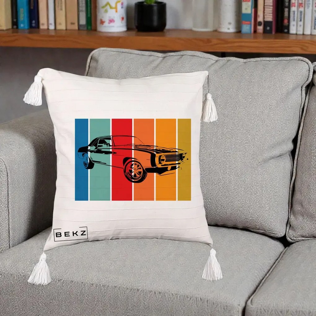 Perna Personalizata Masina Retro Muscle Car Grafic, 40x40 cm, Bej cu Franjuri, Husa Detasabila, Perna Inclusa, BEKZ®