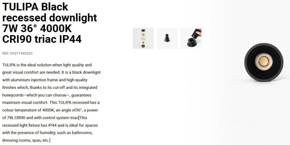 Spot LED incastrabil TULIPA Black recessed downlight 7W 36° 4000K CRI90 triac IP44