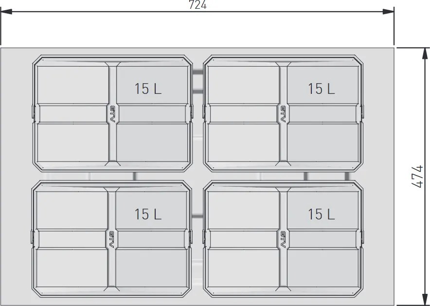 Cos gunoi incorporabil in sertar, Axispace GTV, colectare selectiva, pentru corp de 800 mm, gri antracit, 4 x 15 l Plastic, Gri antracit, L:724 mm;