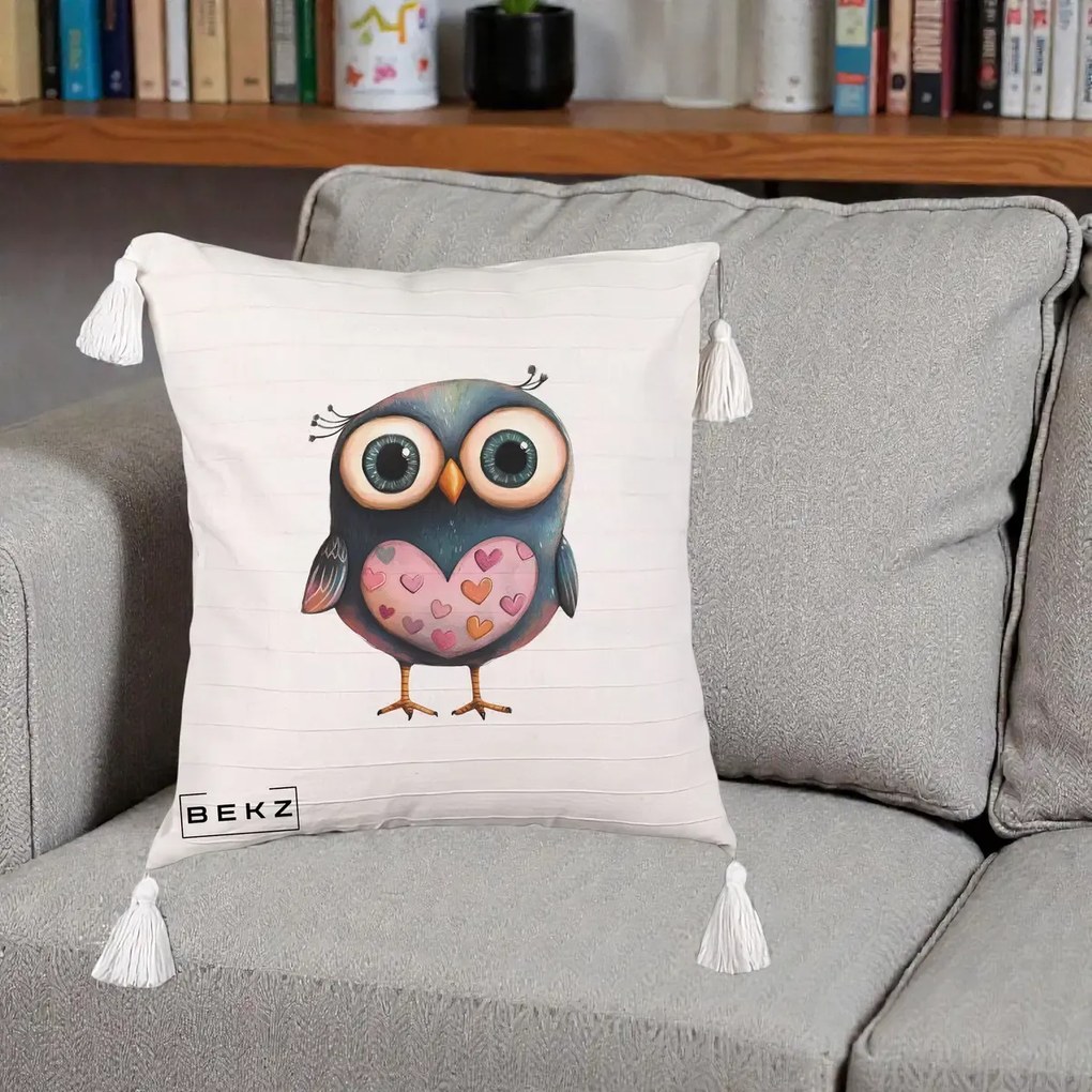 Perna Decorativa Bufnita cu Inimioare Roz, 40x40 cm, Bej cu Franjuri, Husa Detasabila, Perna Inclusa, BEKZ®