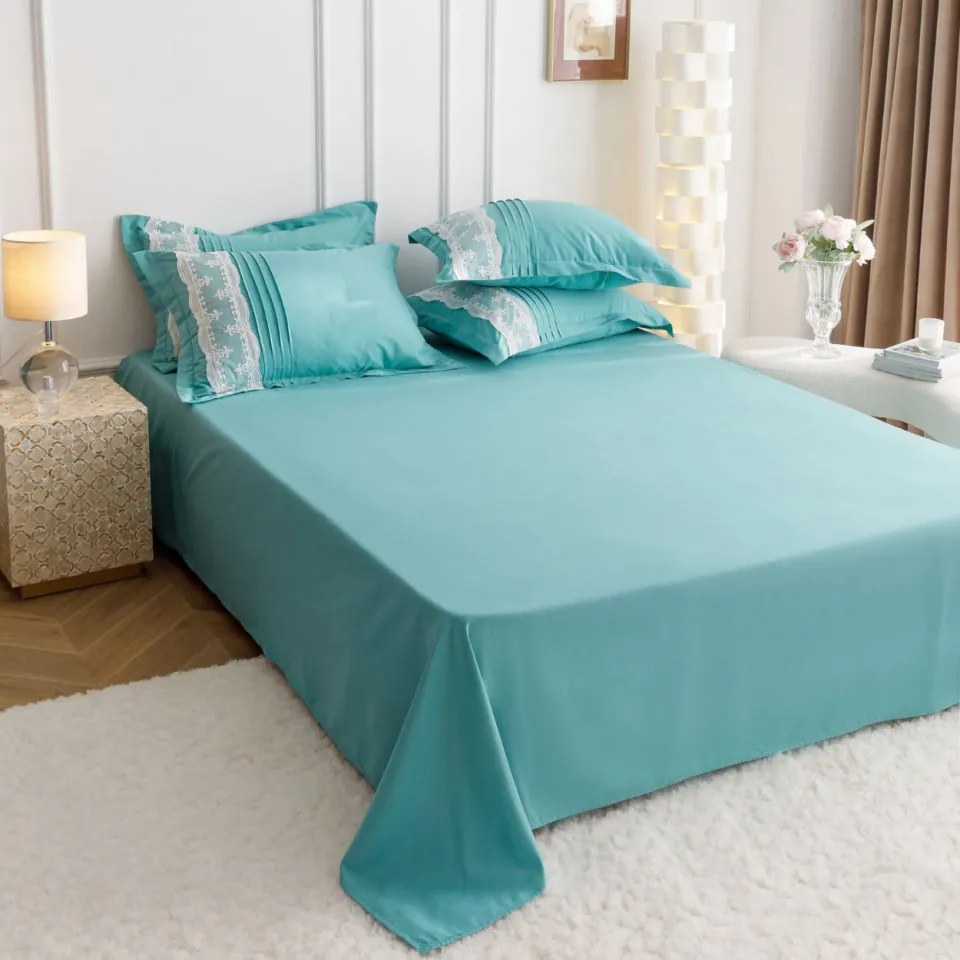 Lenjerie de pat uni cu pliuri si broderie, bumbac tip finet, 6 piese, pat 2 persoane, turquoise, FNJS-56