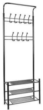 Cuier cu 3 rafturi pentru incaltaminte, 9 carlige duble, metalic, negru, 65x29x192 cm