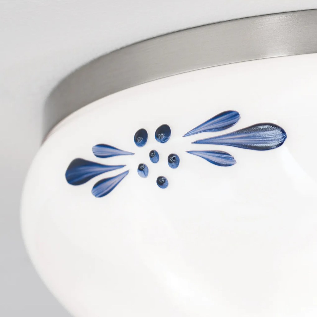 Plafoniera clasica Landhaus 21cm crom satin/ sticla opal decor albastru
