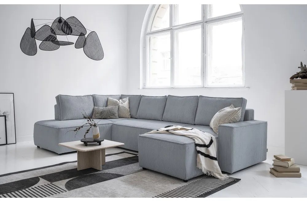 Colțar gri deschis extensibil cu tapițerie din catifea reiată (cu colț pe partea stângă /în formă de "U") Brave Dave – Miuform