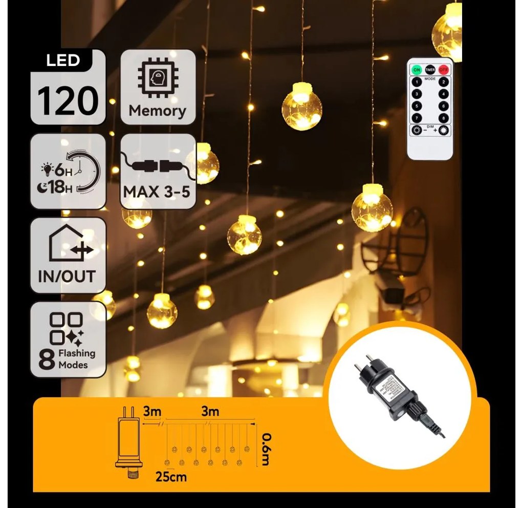 Aigostar - Ghirlandă luminoasă LED pentru exterior, 120 LED/6W/230V/8 funcții, 3x0,6 m, IP44, alb cald + telecomandă