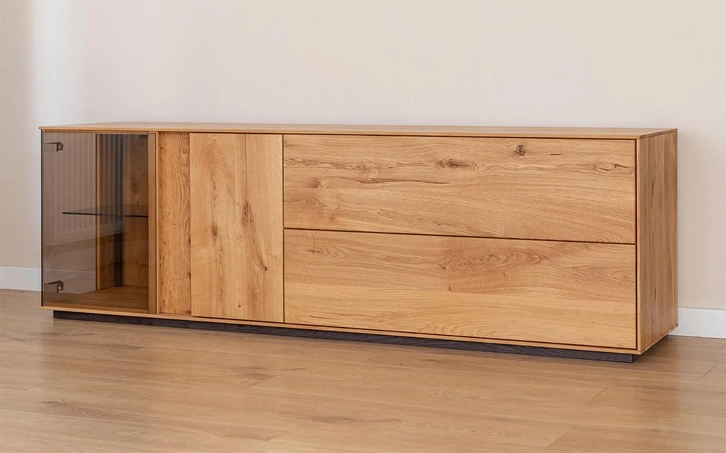 Comodă TV lemn masiv Aurora cu Vitrină Iluminată Stejar, 185 × 37 × 60 cm