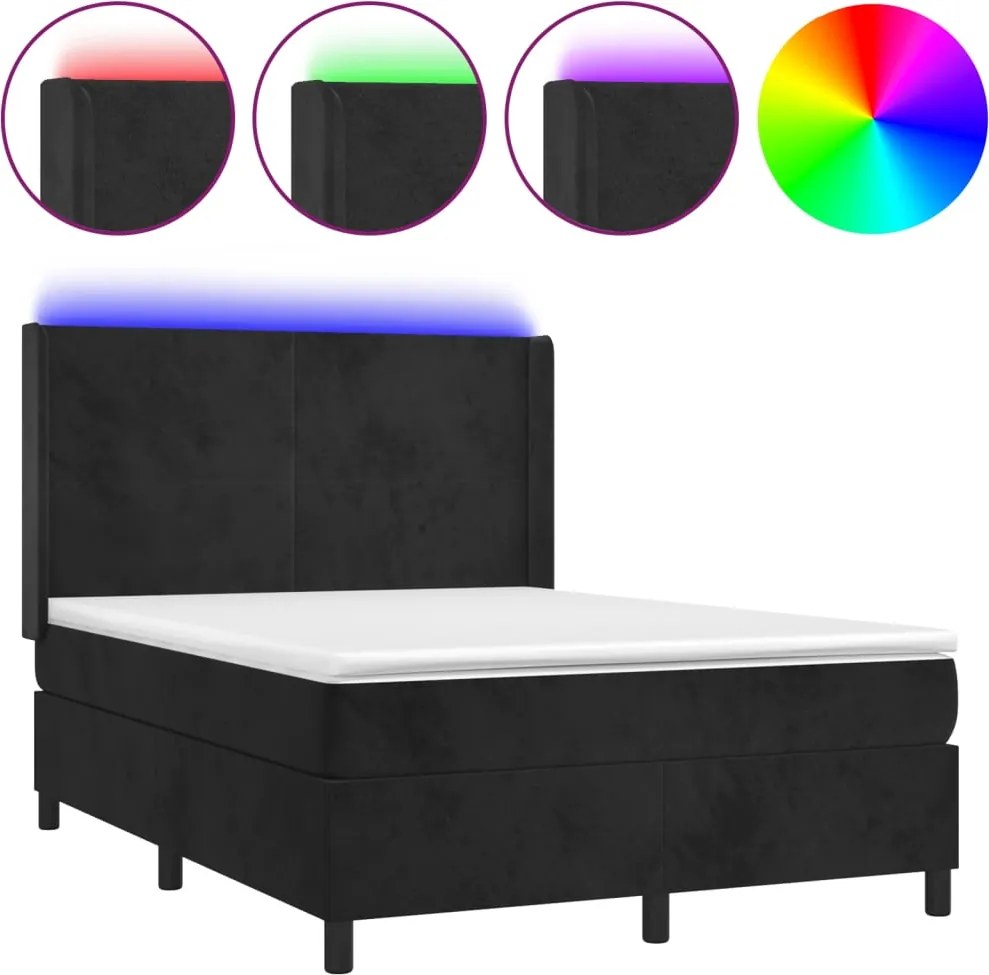 vidaXL Pat cu arcuri, saltea și LED, negru, 140x190 cm, catifea