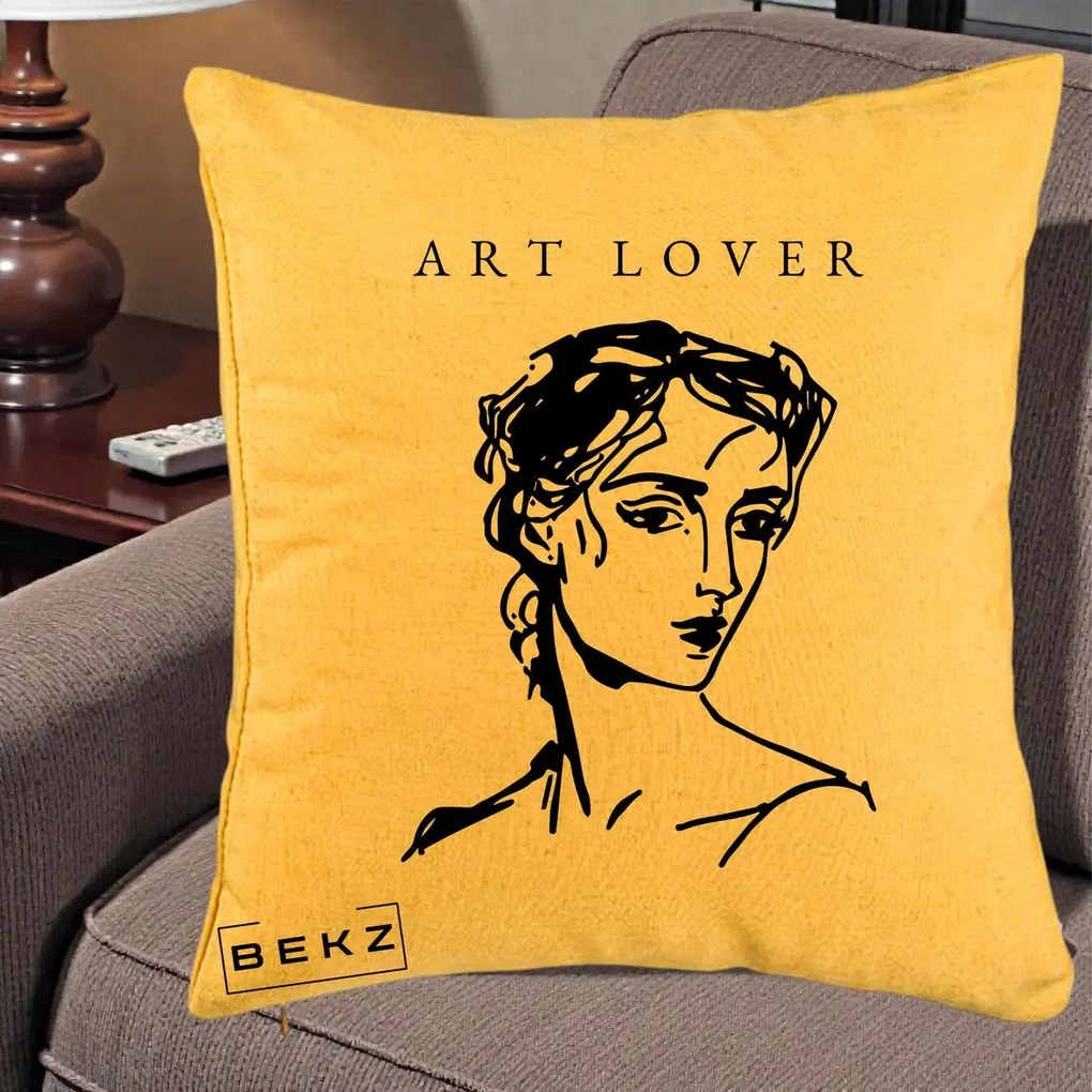 Perna Decorativa Art Lover Portret Grafic, 40x40 cm, Galben, Husa Detasabila, Perna Inclusa, BEKZ®