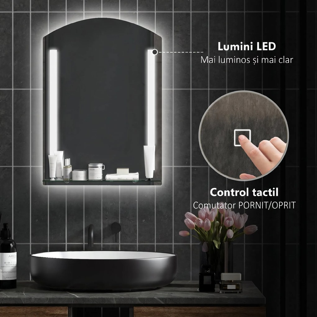 Kleankin Oglindă Baie cu Lumină LED Reglabilă pe 3 Culori și Raft din Sticlă, 50x12x70 cm, Argintiu | Aosom Romania