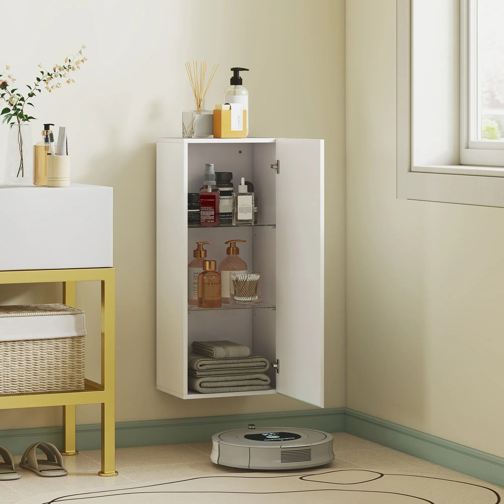 HOMCOM Dulap de Baie Suspendat cu Ușă Fără Mâner, 2 Rafturi Reglabile din Sticlă, Mobilier Suspendat Multifuncțional, 30x23,4x71,2 cm, Alb Lucios | Aosom Romania