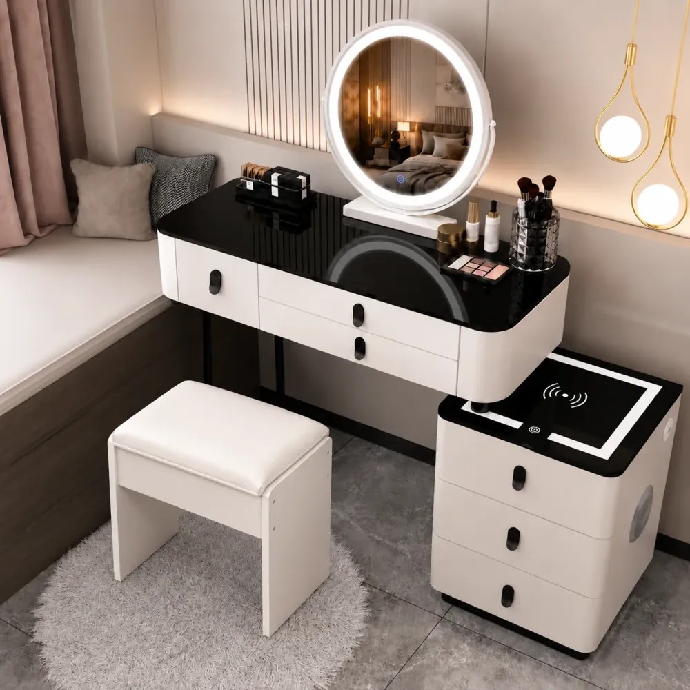 Set MARGOT LONG – Masă de Toaletă pentru Machiaj, Oglindă Alba iluminată LED, Control Touch, 6 sertare, Comoda, Difuzor Bluetooth, Zona încărcare fără fir + USB, Taburet, Alb, 100x40x75 cm