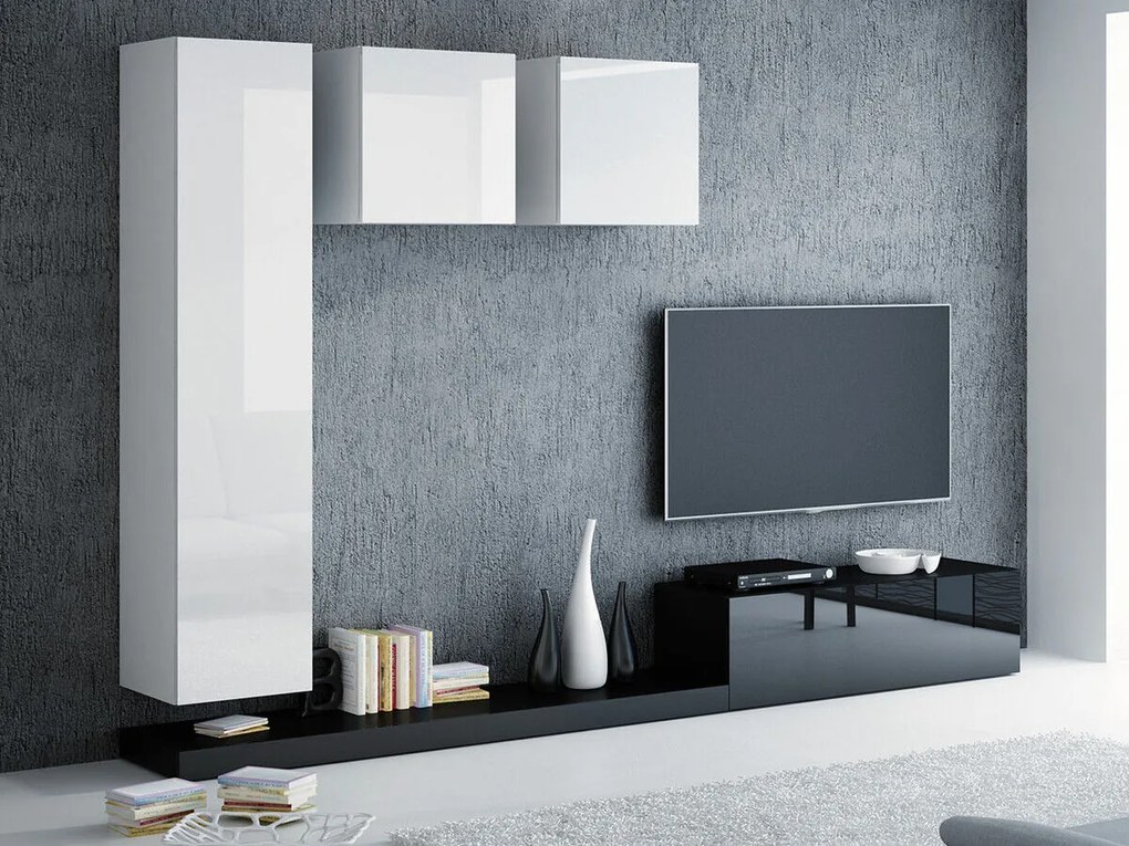 Mobilă pentru sufragerie Charlotte 112 Negru lucios, Alb, Alb lucios, Negru, Părți separate, Cu comodă tv, PAL laminat, 300x42cm, 89 kg