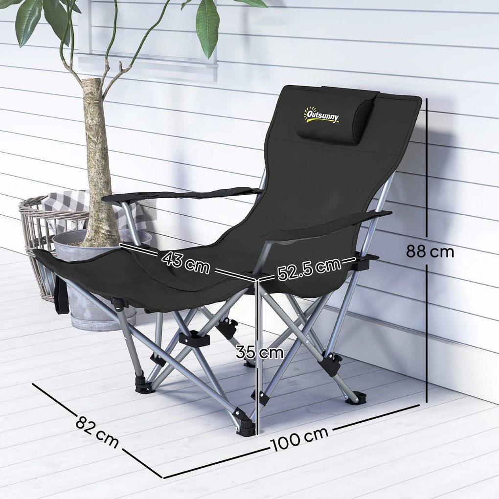 Outsunny Scaun de Camping Pliabil și Rabatabil cu Suport pentru Picioare Detașabil și Tetieră, 82x50/100x88 cm, Negru | Aosom Romania