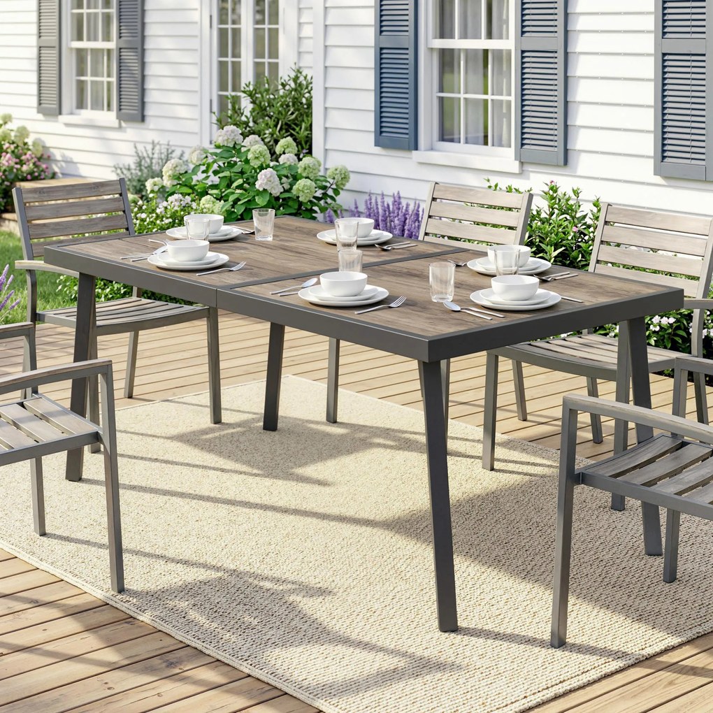 Outsunny Masă de Patio, Masă de Balcon, Masă de Dining pentru Exterior 145 x 85 cm pentru 6 Persoane cu Efect de Lemn, Cadrul din Oțel, Gri | Aosom Romania