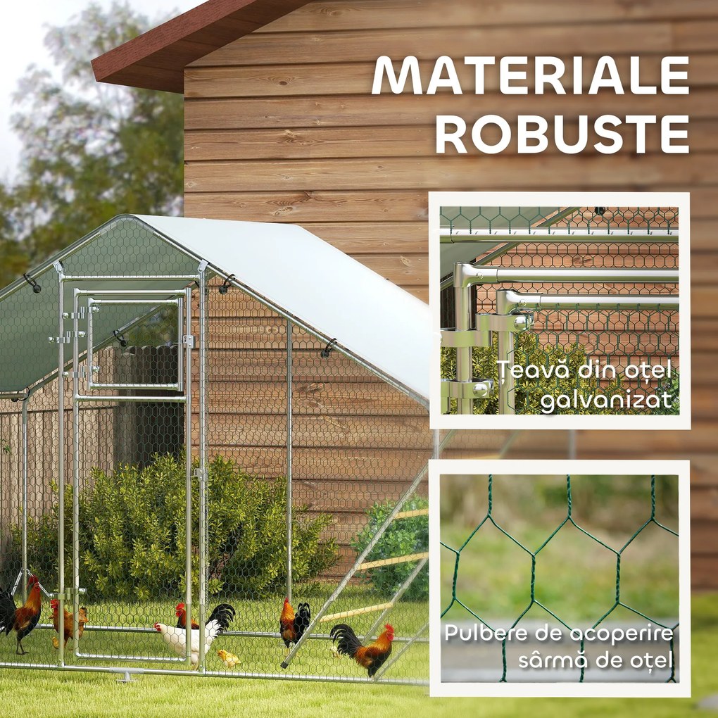 PawHut Coteț pentru Găini cu Copertină Impermeabilă și Rezistentă la UV, 300x200x195 cm, Argintiu | Aosom Romania