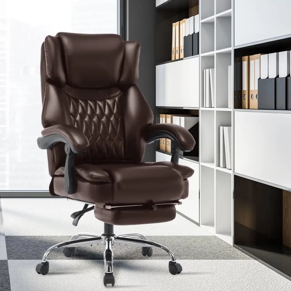RESIGILAT- Scaun directorial, spatar inalt, suport pentru picioare, perna lombara detasabila, spatar rabatabil, captuseala groasa respirabila, sustinere extra, piele eco Premium, Maro