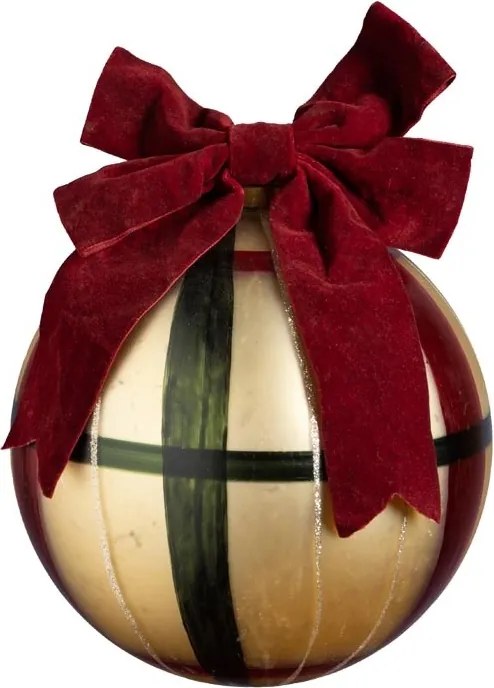 Glob decorativ din sticlă, auriu și verde, model în carouri pictat manual, fundă din catifea bordo, finisaj patinat, 15 cm, „Héritage”