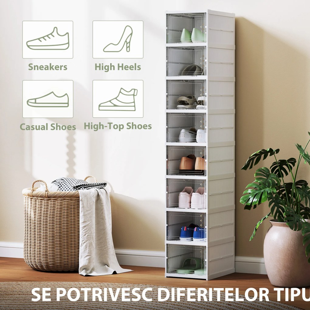 HOMCOM Dulap de Pantofi Modular cu 8 Cutii Stivuibile pentru Pantofi, 26x35x140 cm, Alb | Aosom Romania