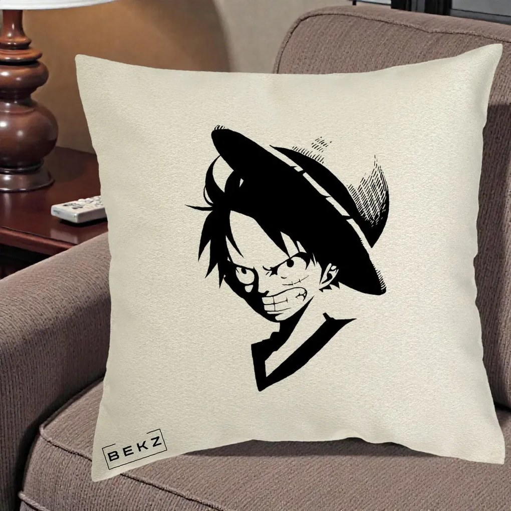 Perna Personalizata One Piece Luffy Silueta Alb-Negru, 40x40 cm, Ecru, Husa Detasabila, Perna Inclusa, BEKZ®