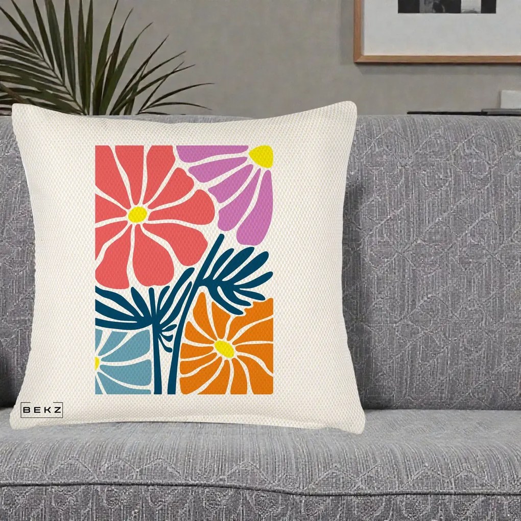 Perna Decorativa Flori Grafice Roz-Orange-Albastru, 40x40 cm, Crem Reliefat, Husa Detasabila, Perna Inclusa, BEKZ®