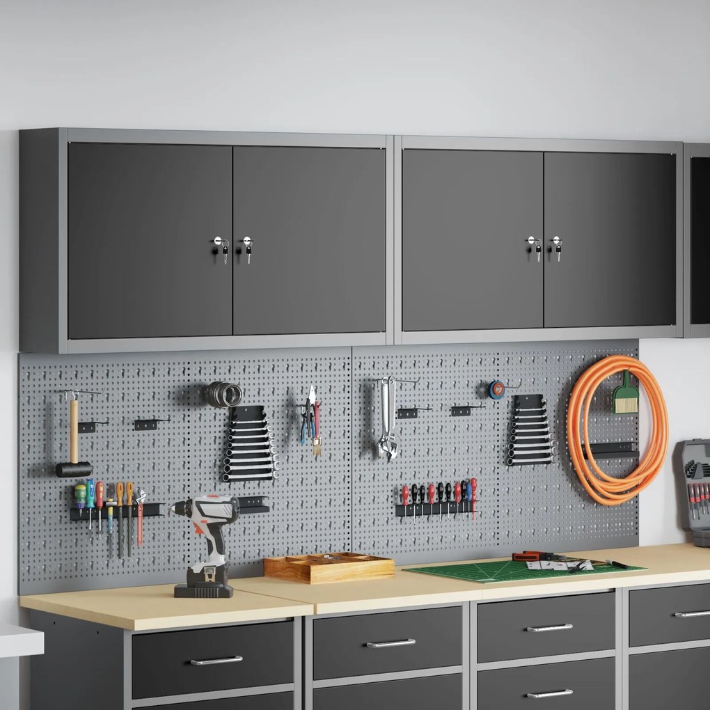 vidaXL Set dulap unelte &amp; panou cârlige de perete, 6 piese negru metal
