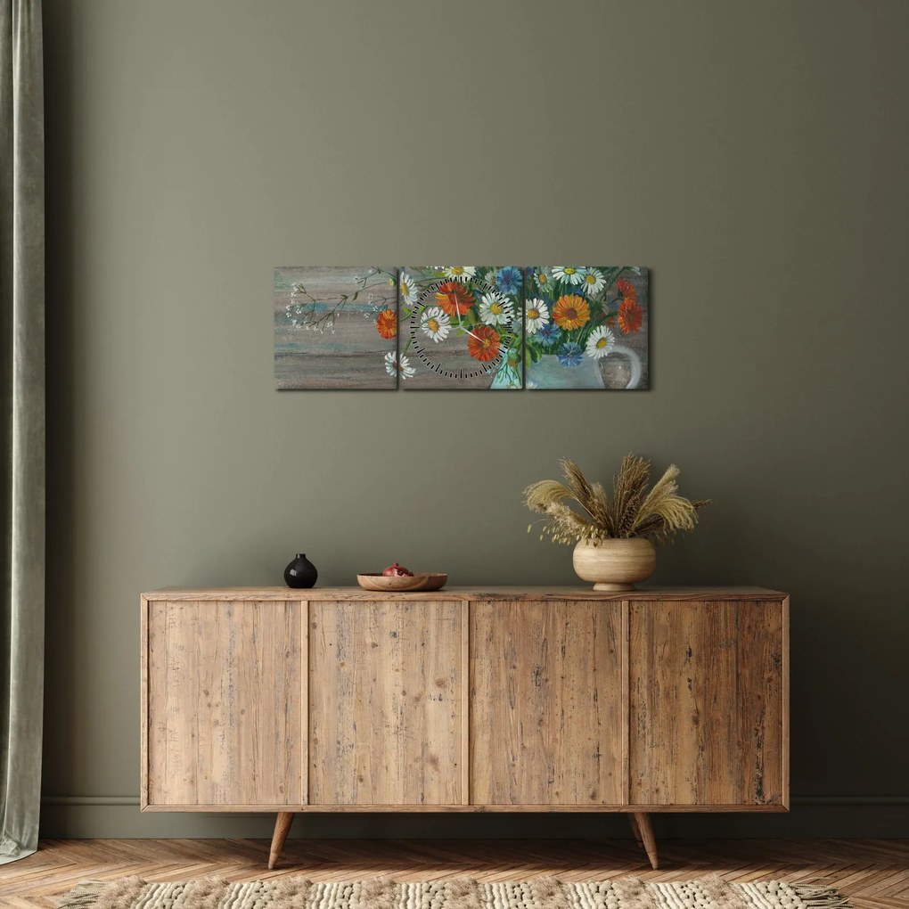 Tablou - Pictură în ulei, flori de câmp (cu ceas) (90x30 cm)