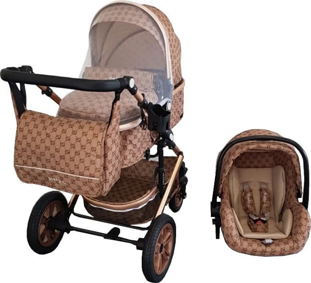Carucior nou nascuti 3 in 1 Baby Care™ PRO 530 , Cu geanta bebe, Cadru Aluminiu Gold, Amortizoare, Roti din cauciuc plin AVE, Landou, Scoica auto,