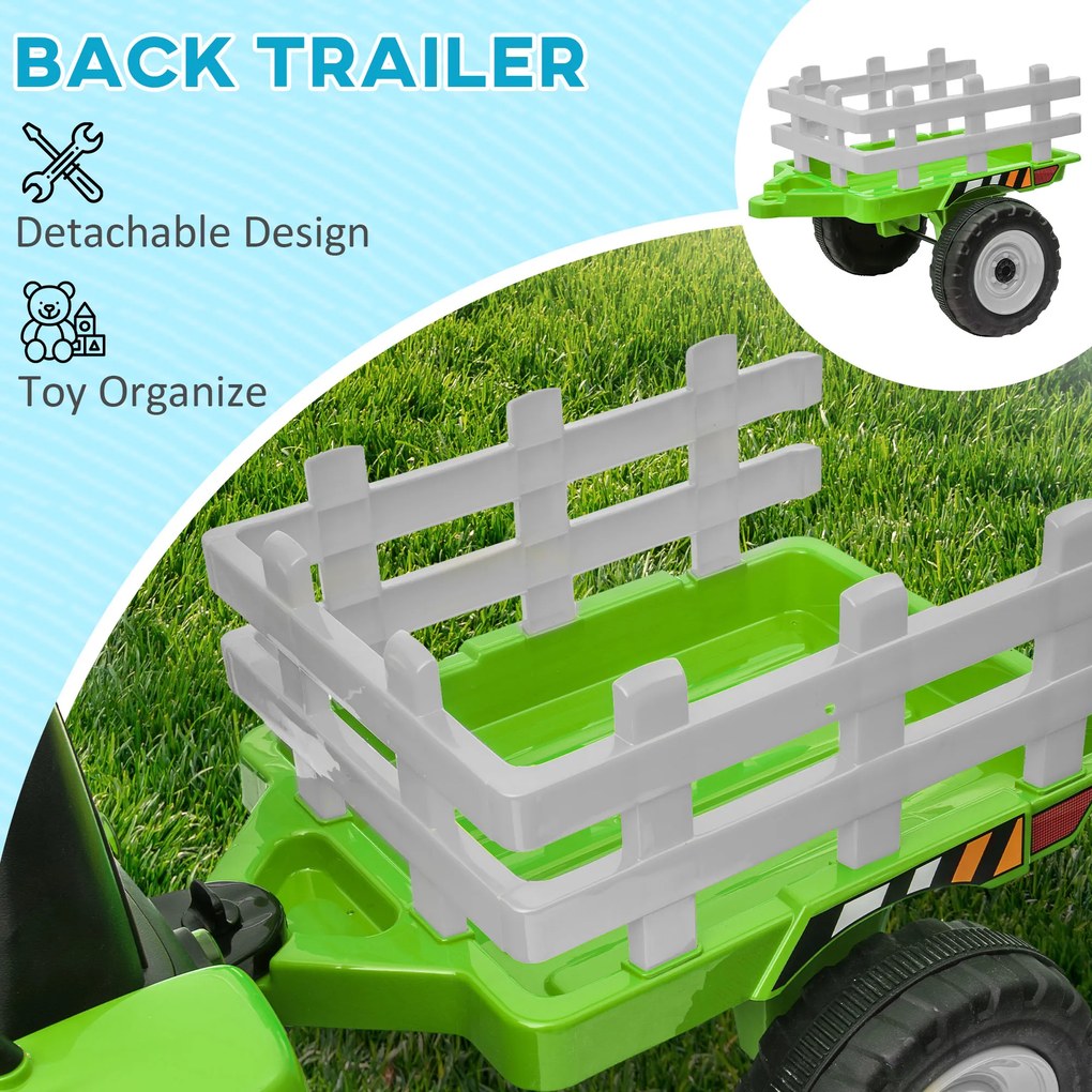 HOMCOM Tractor Electric cu Remorcă Detașabilă, Telecomandă, Muzică și Claxon, pentru Copii de 3-6 Ani, 136,5x50x52,5 cm, Verde | Aosom Romania