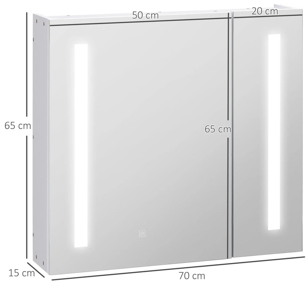 kleankin Oglindă de perete cu LED-uri pentru baie, 2 uși și 3 niveluri, 70 x 15 x 65 cm, alb | Aosom Romania