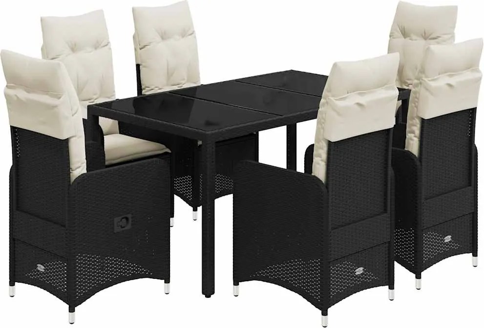 vidaXL Set bistro de grădină, 7 piese, cu perne, negru, poliratan