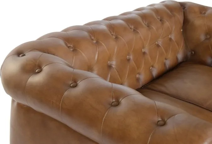 Canapea Chesterfield cu 2 locuri din piele, maro, spătar și brațe capitonate cu ținte, picioare cu rotile, finisaj patinat, 76 x 148 x 80 cm,