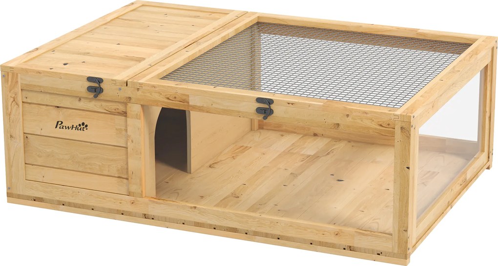 PawHut Cușcă pentru animale mici, broaște țestoase, cu 2 spații 91 x 60,5 x 32 cm lemn masiv galben deschis | Aosom Romania