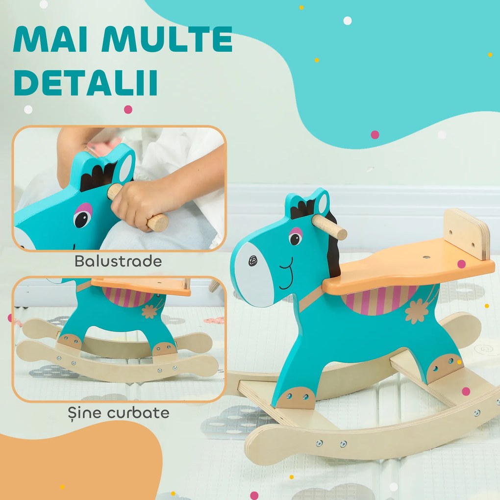 AIYAPLAY Cal de Lemn în Formă de Măgar pentru Copii cu Bază Largă, din Lemn, 59x27x43 cm, Verde Închis și Portocaliu | Aosom Romania